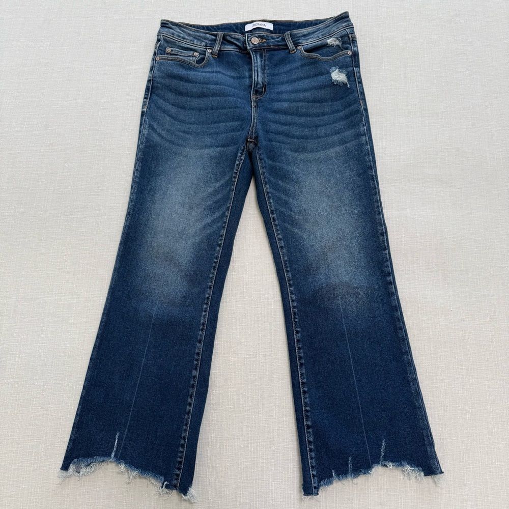 Zenana Outfitters Kick Crop Distressed Blue Straight Leg Jeans - Picture 3 of 9